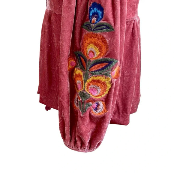 Floryday Blush Pink Velvet Embroidered Blouse Medium | Boho Tassel Tie Top - Picture 11 of 15